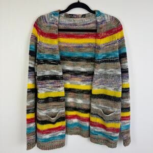 Misslook Womens Multi Stripe Open Front Yellow/Grey/Red Knit Sweater Cardigan